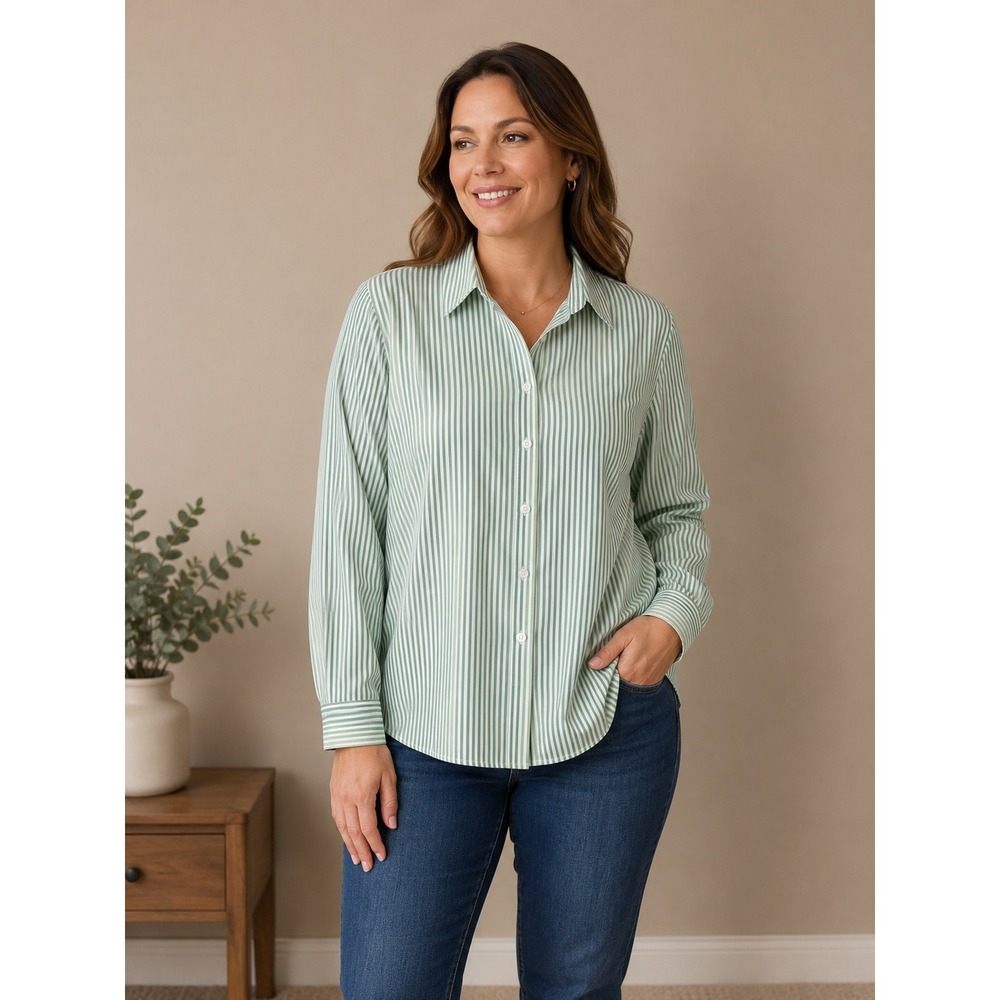 Foxcroft Button Down Shirt Womens 12 Green Striped‎ Wrinkle Free Shaped Fit